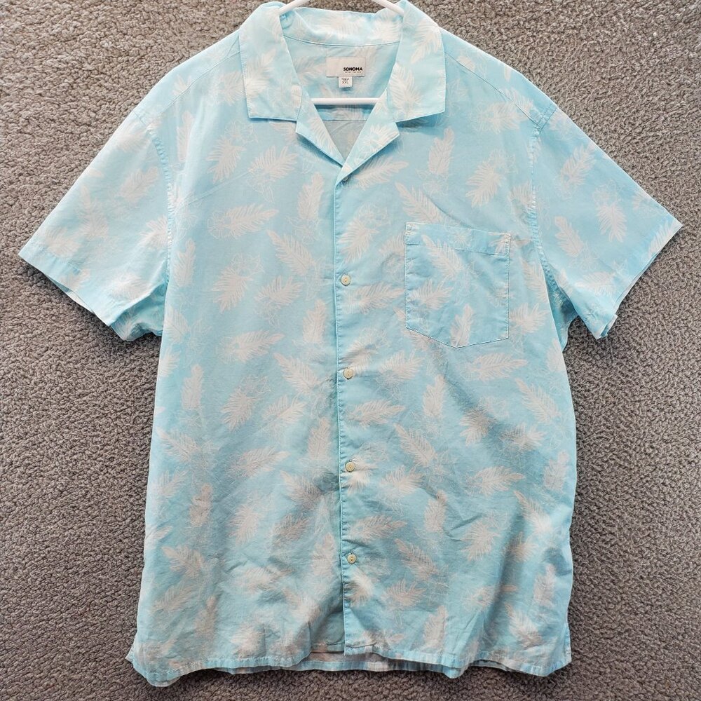 Hawaiian Short Sleeve Blue  Button Up Shirt Pocket 2XL Palm‎ Leaves